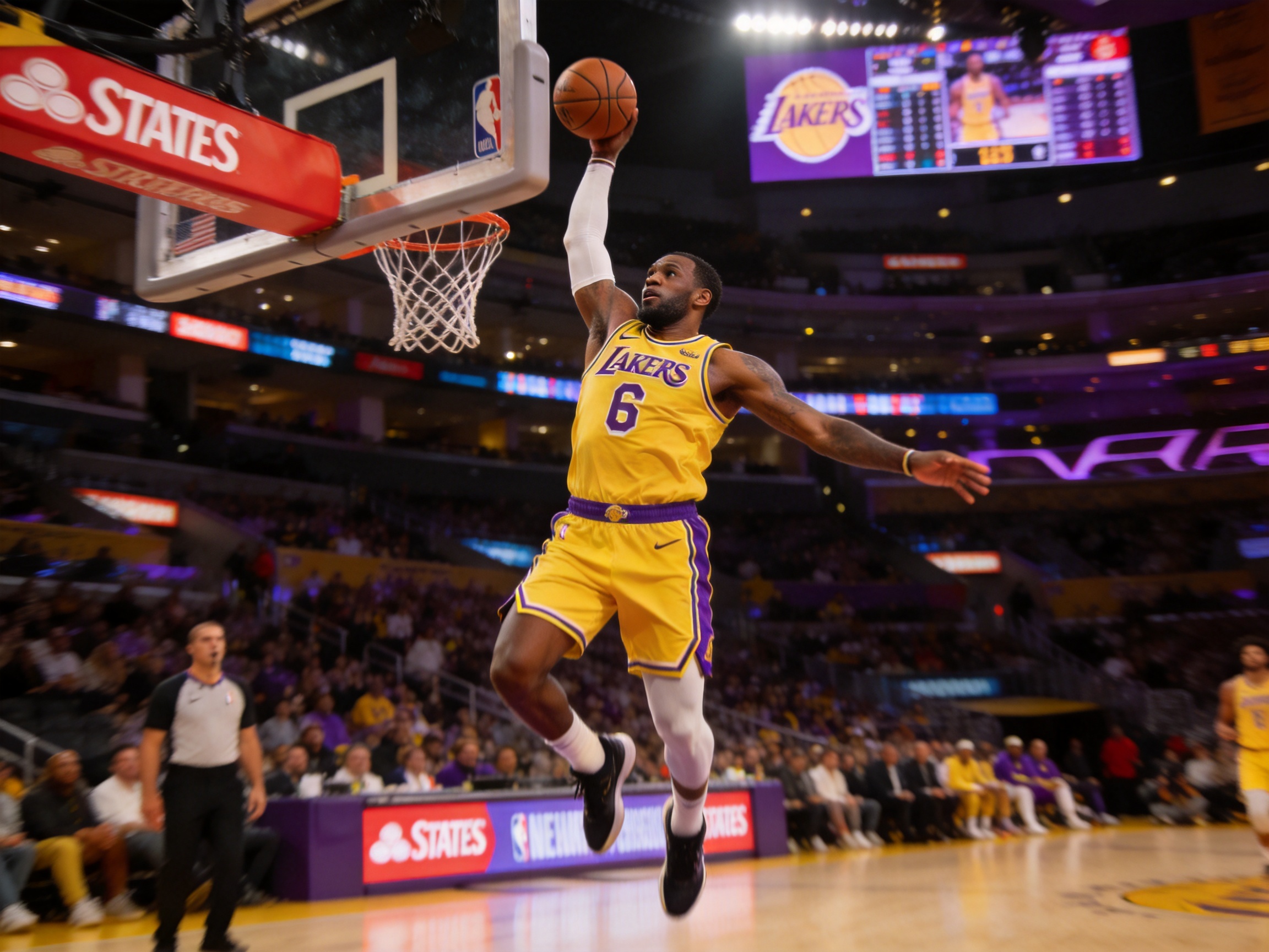 NBA湖人隊球員快攻扣籃的精彩瞬間